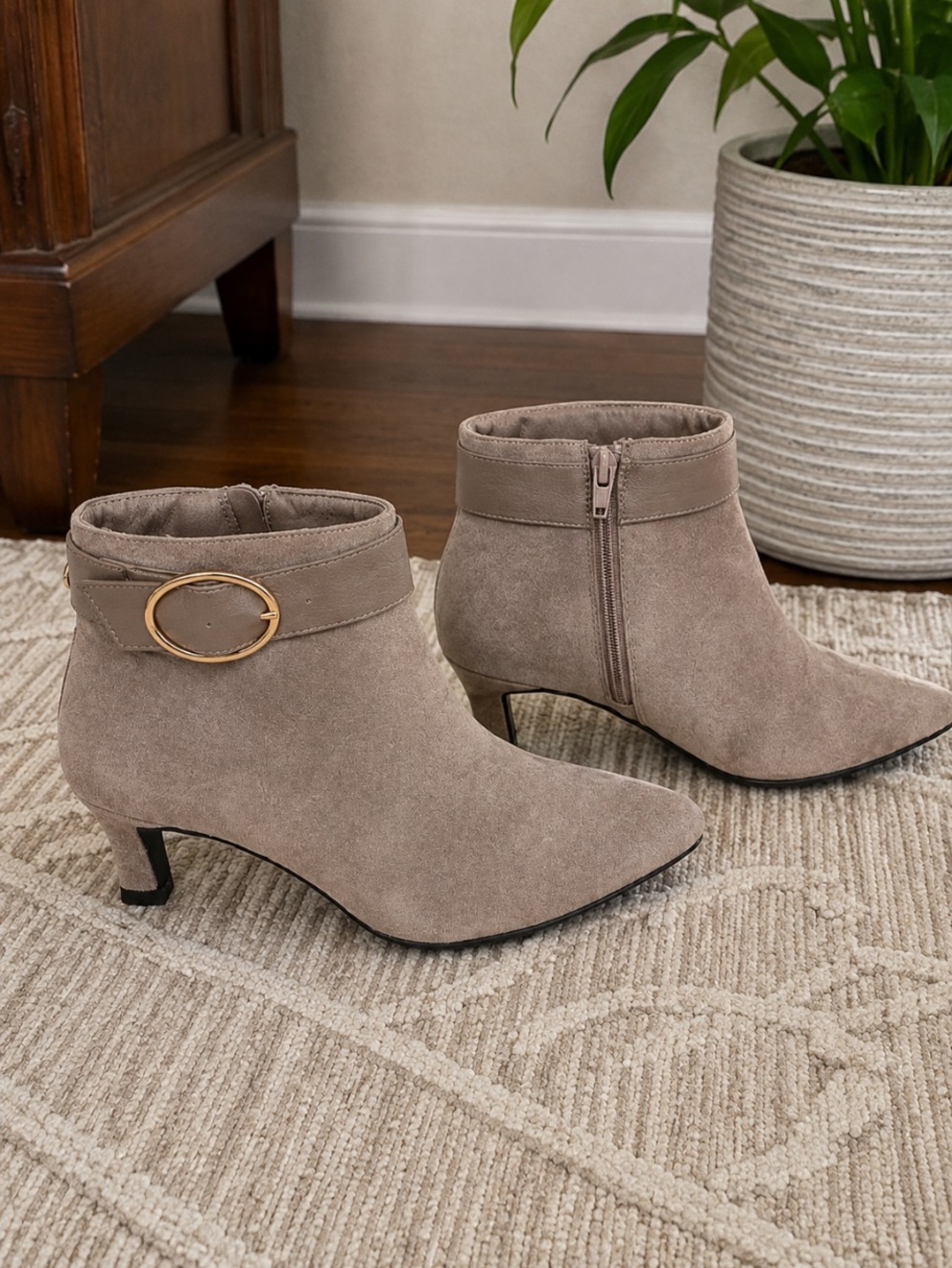 CATO Taupe Suede-Look Buckle Ankle Booties Pointed Toe Kitten Heel Size 6.5